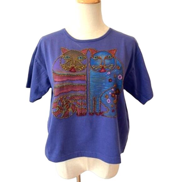 Laurel Burch Vintage Beaded Cat T-Shirt Blue Purple Whisker Cat Made in Bali - Picture 1 of 8